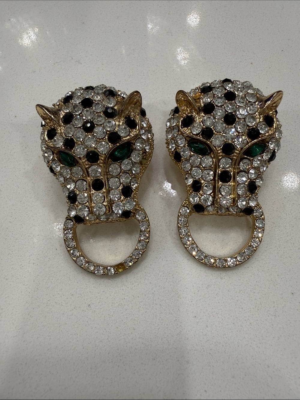 Gold-Tone Leopard Head Crystal Drop Earrings with Black & Clear Stones